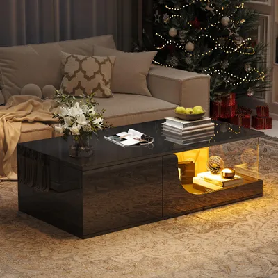 Obrázok produktu pre Čierny, lesklý konferenčný stolík, s LED osvetlením, 2 zásuvky, sklenená doska, materiál MDF
