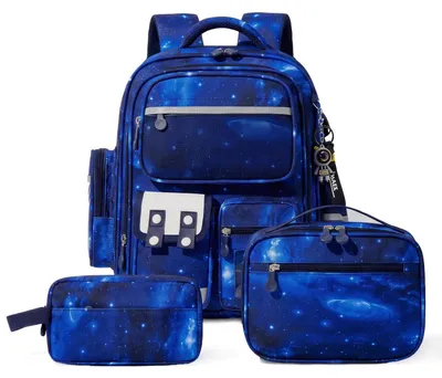 Immagine prodotto di Set di zaini per la scuola, 3 pezzi, per ragazzi, classi 1-5, colore blu stellato, con elementi riflettenti, capacità 25 litri, design ergonomico