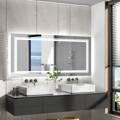 Image de Miroir de salle de bain LED Vrygle 140 × 70 cm : intensité réglable, avec éclairage frontal et arrière, anti-buée,tactile, miroir de salle de bain à fixation murale