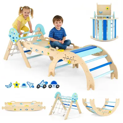 Image de COSTWAY Kit d'escalade triangulaire, gymnase jungle pliable avec arche, rampe, grimpeur, blocs&jeu de labyrinthe, jouets en bois, jouets Montessori