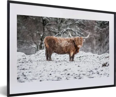 Produktbild von MuchoWow® MuchoWow® Gerahmtes Poster Schottisches Hochlandrind - Baum - Schnee 60x40 cm - Poster mit zchwarzem Bilderrahmen - Schlafzimmer - Plakat in Rahmen - Drucken