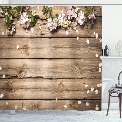 Immagine prodotto di ABAKUHAUS Tenda da doccia in legno rustico, composizione con petali caduti ed elementi naturali asiatici, 175 x 200 cm, Sand Brown Rose