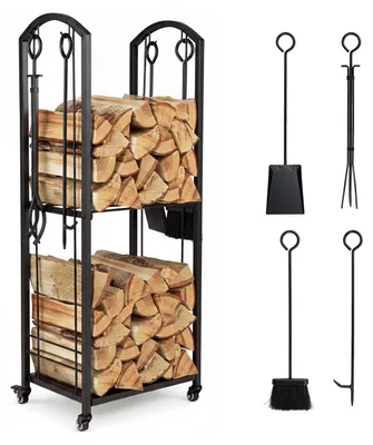 Imagen del producto de Estante para leña de chimenea COSTWAY con 2 niveles, soporte para leña con ruedas y utensilios para chimenea, soporte para leña, estante para leña y madera de combustión, 46x33x121,5 cm