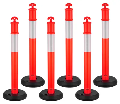 Imagen del producto de VEVOR: Señales de tráfico, juego de 6 unidades (114 cm) con base rellenable y bandas reflectantes, conos de advertencia para obras, aparcamientos, conos de barrera para controlar multitudes, color rojo