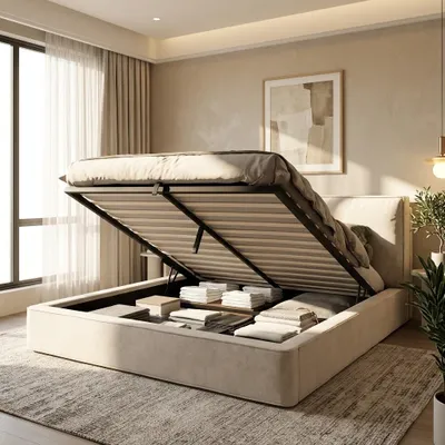 Produktbild von MODFU Hydraulisches Polsterbett 180x200 Doppelbett Boxspringbett mit Lattenrost und 13 cm gepolstertem Kopfteil,Stauraumbett,Beige(ohne Matratze)
