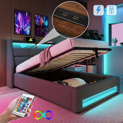 Produktbild von Zubaliya Polsterbett Einzelbett - 90x200 cm Grau - LED mit Fernbedienung - USB & Stauraum