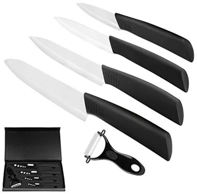 Produktbild von PromoHome® Keramik Messerset 4-teilig mit Gemüseschäler - 15 cm Kochmesser, 13 cm Multifunktionsmesser, 10 cm Obstmesser, 8 cm Obstmesser