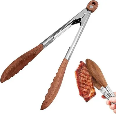 Image de Pinces en noyer et en acier inoxydable, résistantes à la chaleur, idéales pour les cuisiniers amateurs et professionnels