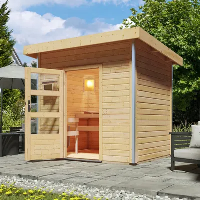 Produktbild von Karibu Holz Gartensauna / Saunahaus "Norge" naturbelassen 231 x 196 x 238 cm (B x T x H) ohne Ofen mit Klarglastür
