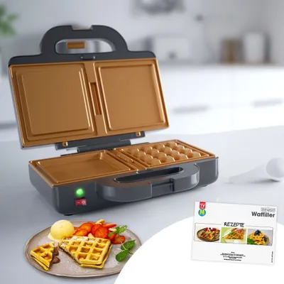 Produktbild von Livington Waffiller - Waffeleisen - süß & herzhaft - mit Anti Haft Beschichtung - für gefüllte Waffel-, Pizza-, Blätter-, Muffin- oder Kuchenteig - 1000 Watt - Temperaturregelung & Überhitzungsschutz