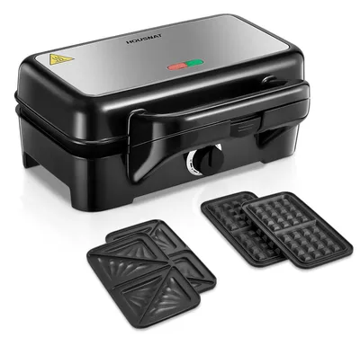 Produktbild von HOUSNAT Waffeleisen 3 in 1, Sandwichmaker, Kontaktgrill, Sandwichtoaster - 1200W mit 5-Gang Temperaturregelung- für Belgische Waffel, Perfekt