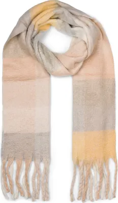 Produktbild von styleBREAKER Damen Web Strickschal mit buntem Karo Muster und langen dicken Fransen, warmer Winter, Stola 01017138