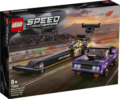 The image shows the box of a LEGO Speed Champions set featuring two Dodge cars on a race track.