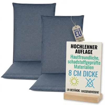 Produktbild von Pillows24 - 2x Hochlehner Auflagen 120x50x8 cm | Bequeme & Wetterfeste Gartenstuhlauflagen | Polster Sitzkissen für  Gartenmöbel |   EU | Blau