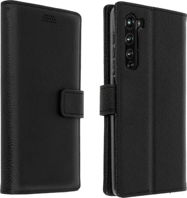 A black flip-cover phone case shown from two angles.