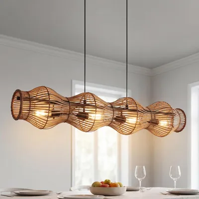 Produktbild von Pendelleuchte Esszimmer Bambus Metall E27 4-flammig lang 107 cm Hängelampe Korb