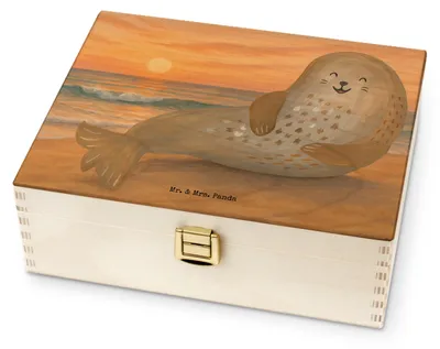 Produktbild von Mr. & Mrs. Panda Teebox Robbe Lachen Design - Weiß - Geschenk, für Paare, Tiermotive, Teedose, Robben, Ostsee, Seehund, Nordsee, Teekiste, Strand, tee box holz