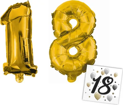 Produktbild von Procos - Folienballons - Zahlen 1 & 8 für 18. Geburtstag (33cm, gold) + Servietten »18«