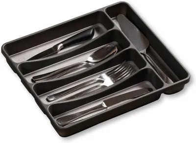 Produktbild von KESPER 30091 Besteckkasten 32,5 x 29,5 x 4,5 cm mit 5-fach Einteilung, PP-Kunststoff, grau / Besteckeinsatz