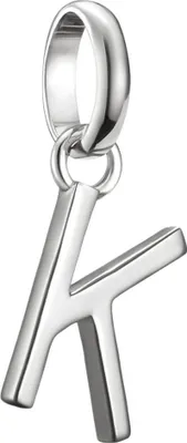 A silver letter 'K' charm pendant is shown against a white background.