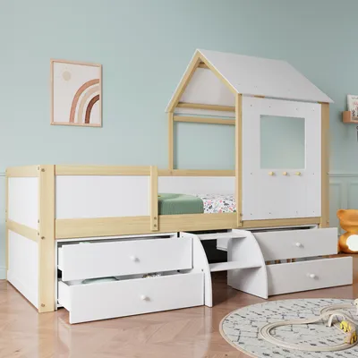 Produktbild von okwish Kinderbett 90x200 Jugendbett mit Matratze und Vierseitiger Zaun, Hausbett mit kleine Treppe,Massivholzbett Kinderbett Bettgestell mit Fenster und Dach,Weiß+Natur