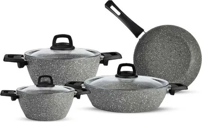 Produktbild von 7-teiliges Edelstahl-Pfannenset grau -granit mit Glasdeckel und Antihaftbeschichtung