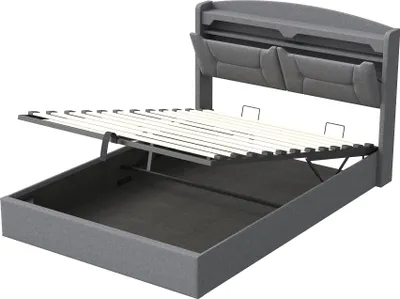 Produktbild von Fortuna Lai Polsterbett 140x200cm mit Lattenrost, Hydraulisches Boxspringbett mit Stauraum, Stauraumbett Doppelbett mit Stauraumkopfteil und LED, Leinen, Grau