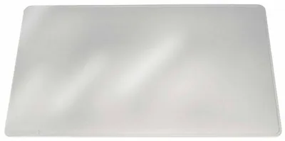 A transparent desk mat or writing pad.