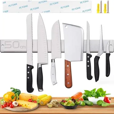 Produktbild von Magnetische Messenhalter, 50 cm - Edelstahl-Messenhalter mit Magneten, Werkzeughalter für Küche und Garage - Messerschienenhalterung, Ablage für Messer