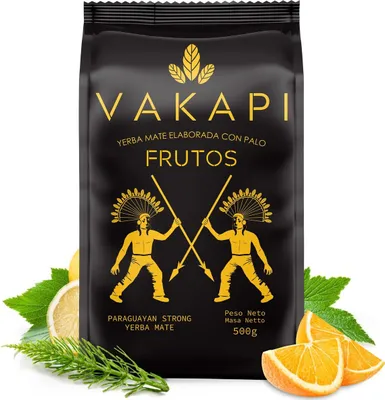Produktbild von Yerba Mate Tee VAKAPI Frutos 500g - zitrusartige Yerba Mate aus Paraguay - starker mate tee rauchgeräuchert - vegan - glutenfrei - loose leaf 0,5kg