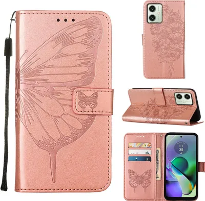 Produktbild von Lederhülle für Motorola Moto G54 Schmetterling Prägung Flip Ledertasche Kartenfächer Handyhülle mit Ständer Pink