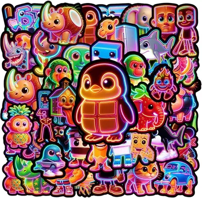 Immagine prodotto di 55 adesivi "Steal A Brainrot" in stile meme, versione neon | Set di adesivi con motivi graffiti composto da 55 immagini diverse | Adesivi colorati e divertenti, 4-6 cm | Riutilizzabili