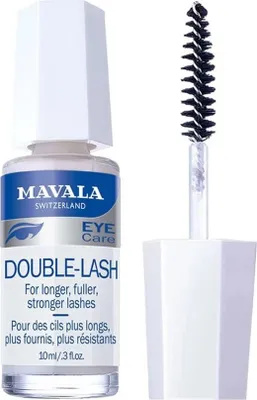 A bottle of Mavala Double-Lash eyelash enhancer and its applicator brush are shown against a white background.