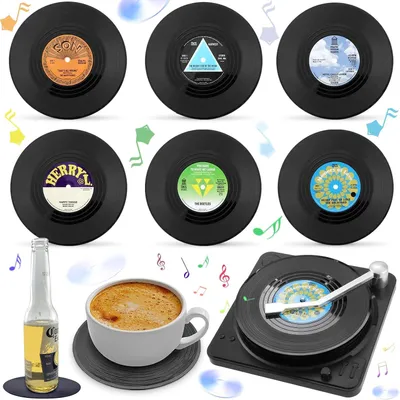 Produktbild von Silikon-Untersetzer – Set mit 6 Stück – Retro-Vinyl-Untersetzer mit Halterung – In Form von Schallplatten – Für Kaffee, Tee, Biergläser und Weingläser