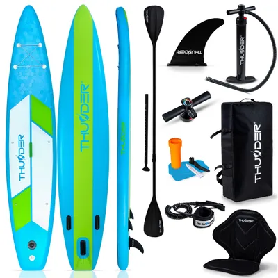 Produktbild von THUNDER® | ITTO 380 | Aufblasbares Touring SUP-Board | 380×75×15 cm | Komplettset mit Kajaksitz, Rucksack, Doppelhubpumpe, Paddel | 15 PSI | Leash