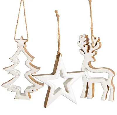 Produktbild von Weihnachtsbaumanhänger Set 3-tlg. Baum Stern Hirsch aus Holz weiß 12 cm