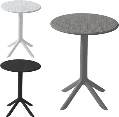 Three round tables in different colors (white, black, and gray) are displayed against a white background.