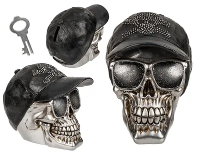 Produktbild von Spardose in Form eines Totenkopfes mit Schloss und Schlüssel, ca. 16 x 13 cm, Polyresin.