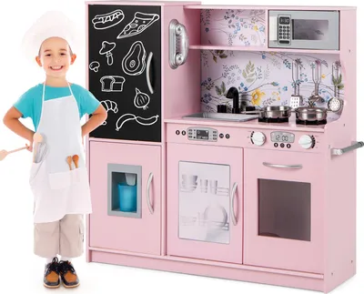 Immagine prodotto di Cucina per bambini COSTWAY, cucina da gioco per bambini con 10 accessori da gioco, lavagna, microonde, gelatiera, lavastoviglie e forno, cucina in legno per bambini 3+ bianca e rosa