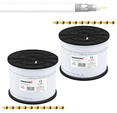 Produktbild von PremiumX 2x 100m BASIC Koaxialkabel 135dB 4-fach SAT Koax Kabel 20x F-Stecker