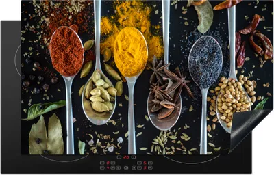 Produktbild von KitchenYeah© Herdabdeckplatte Kräuter in Löffeln auf einem Hintergrund mit Kräutern , 85x52cm, Küche Deko, Glaskeramikkochfeld Herdabdeckung, Abdeckplatte fùr Kochfeld