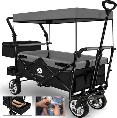 Produktbild von Miweba Faltbarer Bollerwagen MB-20 | Sonnendach - Schiebe- & Zugstange - Stauraumverlängerung - 360° Räder - Bis 100 Kg (Schwarz/Grau)