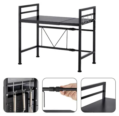 Produktbild von Regal für Mikrowelle - Ausziehbares Standregal - Verstellbare Breite 40–64 cm - 6 Haken - Höhenverstellbar - Edelstahl - Schwarz - 25 kg Tragkraft