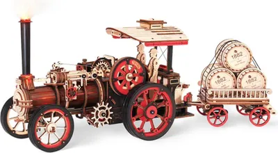 A 3D wooden model of a steam engine with a trailer carrying barrels.
