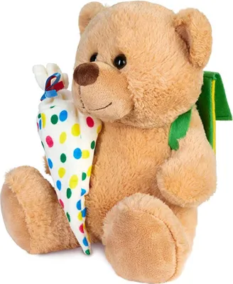 A plush teddy bear holding a cone-shaped bag and wearing a backpack.