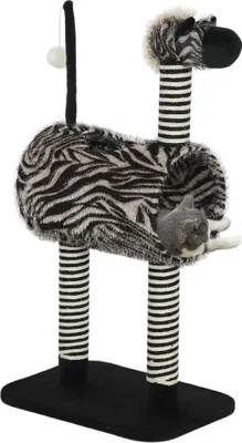 Produktbild von Kratzbaum im Zebra-Design, 1 Katzentunnel, 3 Kratzstämme 48,5 cm x 35 cm x 93 cm, Schwarz + Weiß