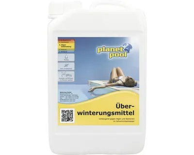 A white plastic jug of pool winterizing agent with a label showing a woman relaxing by a pool.
