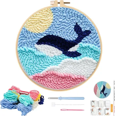 Produktbild von Punch Needle Embroidery Starter Kit für Anfänger, Wal Stanznadel Stickerei Set mit Stoff, Muster & Anleitung für Kinder & Erwachsene