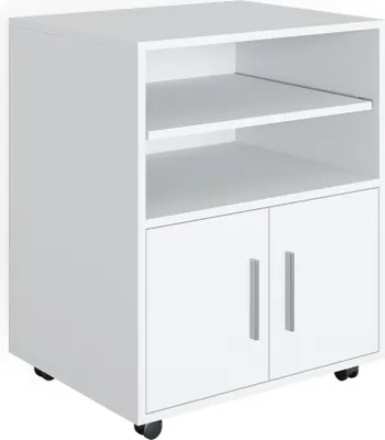 A white rolling storage cabinet with two shelves and two doors.