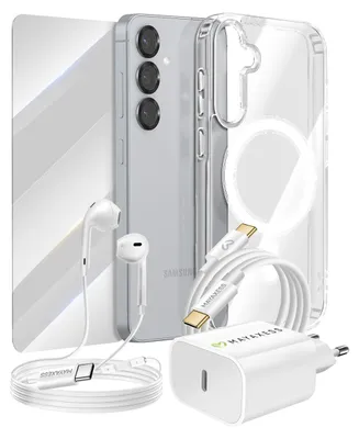 Immagine prodotto di Mayaxess, pacchetto Essential per Galaxy S25: custodia, vetro protettivo, caricabatterie, auricolari, trasparente